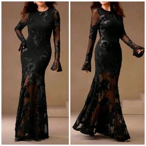 New Luxe Embroidered Sheer Floral Mesh Bodycon Mermaid Dress Black